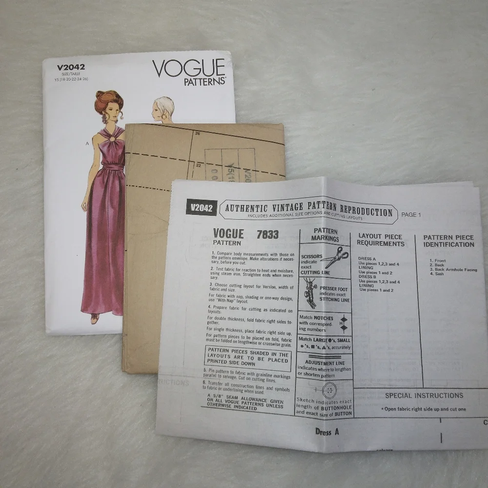 VOGUE V2042 Sz 18-26 Misses 1970s Reprint Dress In 2 Length